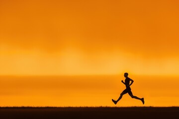 Silhouette of a person running during sunset with vibrant orange sky as background. Perfect for fitness, motivation, and wellness themes.