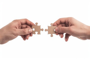 Two hands holding and connecting two puzzle pieces, symbolizing teamwork, cooperation, and fitting solutions on a white background.