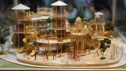 Playground architectural model featuring wooden structures, slides, and climbing equipment, showcasing a detailed design with multiple play areas and surrounding trees.	