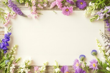 Blank paper mock up with a bouquet of flowers arranged along the top edge, creating a fresh and vibrant scene with plenty of copy space.