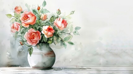 Fototapeta premium Romantic watercolor illustration of a rose bouquet in a stylish vase, showcasing a lovely complementary color palette