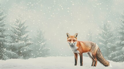 A stunning red fox standing in a snowy winter wonderland with snow-covered trees in the background.