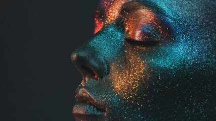 Close-up of a person's face covered in multicolored glitter, showcasing creative makeup with a dramatic and artistic look.