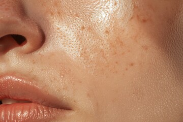 Close-up of a woman's face focuses on skin texture and freckles, highlighting natural beauty and realistic complexion details.