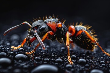 Fototapeta premium A Detailed Macro Shot of a Red Ant with Water Droplets