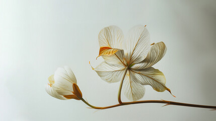 delicate white flower with yellow accents on a thin branch against a soft background