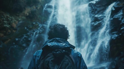 Obraz premium An adventurous traveler explores the hidden wonders of a remote waterfall, their spirit of adventure reflected in their gaze as they marvel at the breathtaking sight, with the cascading water and