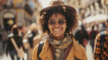 A happy traveler immerses themselves in the vibrant atmosphere of the city, walking briskly amidst the crowd with a smile on their face, embodying a dynamic and ambitious spirit, with generous copy