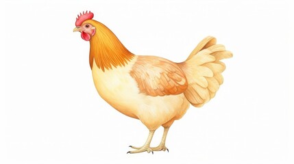 Fototapeta premium Illustration of a colorful hen on a white background, showcasing feathers and details, ideal for poultry-related content and designs.