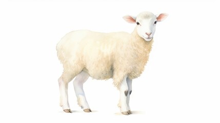 A close-up of a white sheep standing against a plain white background, showcasing its woolly coat and gentle demeanor.