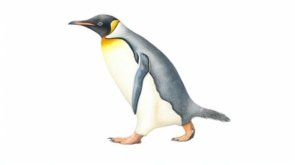 Obraz premium A detailed illustration of a standing emperor penguin against a white background, showcasing its distinct black, white, and yellow plumage.