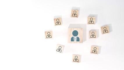 Wooden cube block print screen person icon which link connection network for organisation structure social network and teamwork concept.