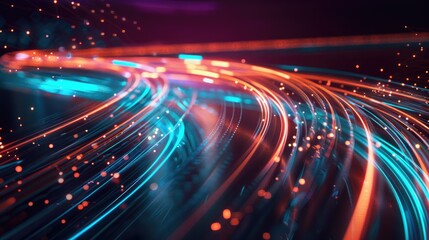 Dynamic high-speed data network with slick, glossy, and glowing lines of light.