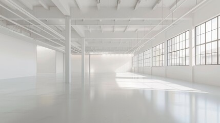 Spacious white warehouse with a minimalistic design and an empty, open floor plan, set against a pure white background.