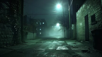 Vintage grungy street, dim lighting, shrouded in darkness, limited visibility, and an unsettling silence, nighttime © Alpha