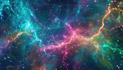 "Interstellar Network: Vibrant Web of Interconnected Lines and Dots on a Dark Canvas" Generative AI