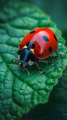 Fototapeta premium Detailed Close up of a Vibrant Ladybug on a Green Leaf in Nature