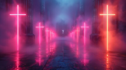 A detailed image featuring neon crosses on a foggy, gothic-inspired background. The neon crosses glow in vibrant colors, contrasting sharply with the dark, misty gothic setting. 