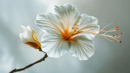 delicate white flower with yellow accents on a thin branch against a soft background