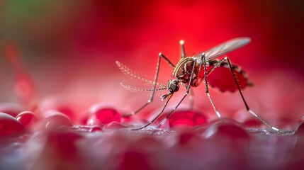 Fototapeta premium Aedes aegypti mosquito with a belly full of blood drilling and sucking blood from animal skin. macro shot captures every detail of both the insect's structure and texture