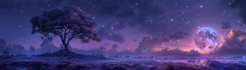 Captivating lowangle view of a mystical purple night, moonlight, serene ambiance, starstudded sky, Brand Visual, Tranquil Midnight, Fantasy, Astral