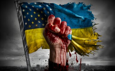 Symbolic Representation of Conflict and Unity: Bloodied Hand Holding Combined American and Ukrainian Flag