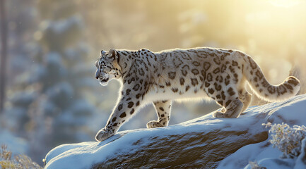 Fototapeta premium a snow leopard walking on a rock in a snowy field, in the style of sunrays shine upon it,Generative AI