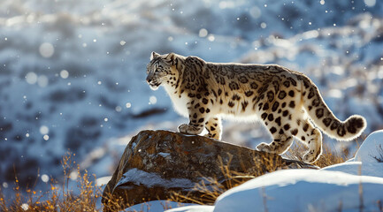 Fototapeta premium a snow leopard walking on a rock in a snowy field, in the style of sunrays shine upon it,Generative AI