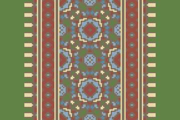 Pixel cross stitch traditional ethnic pattern paisley flower Ikat background abstract Aztec African Indonesian Indian seamless pattern for fabric print cloth dress carpet curtains and sarong