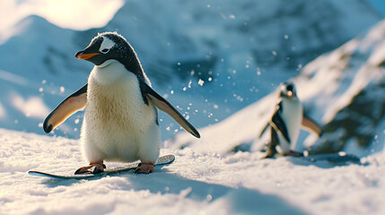 Obraz premium Image of penguin snowboarding.