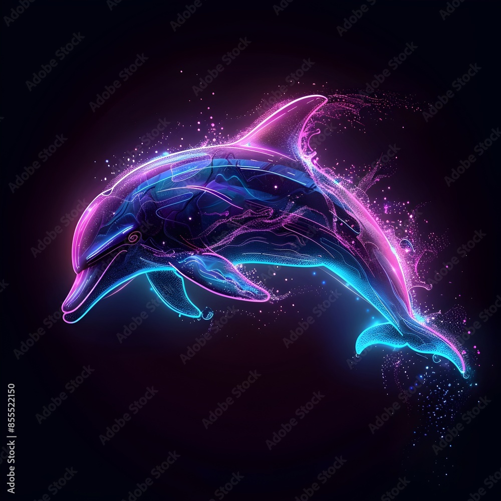 Wall mural Neon Dolphin Leaping through Vibrant Turquoise and Magenta Waves on Isolated Black Background