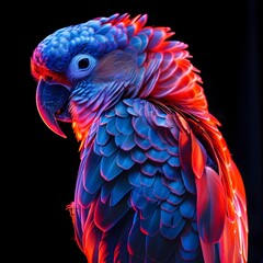 Obraz premium Radiant Neon Parrot Perched on Isolated Black Background with Vibrant Blue and Red Lighting