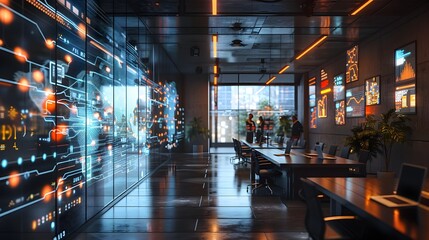 Modern Office with Interactive Digital Walls for Collaborative Projects and Technology Networking