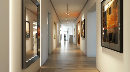 Long brightly lit gallery hallway featuring various framed artworks on white walls offers a sophisticated venue for museum marketing or editorial displays.