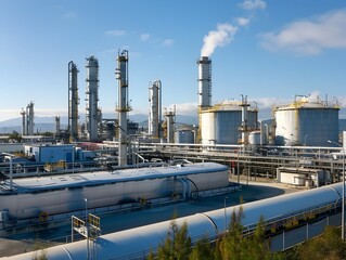 Obraz premium Sprawling Refinery Facility with Distillation Columns and Storage Tanks Against a Picturesque Sky