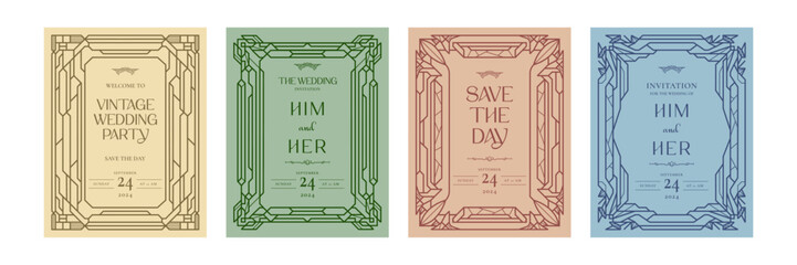 Art deco luxury cards set, Vintage  frames, Antique decorative frames, geometric luxury card, wedding invitation card, banner, label background vector illustration	