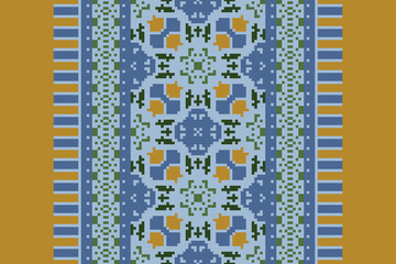 Pixel cross stitch traditional ethnic pattern paisley flower Ikat background abstract Aztec African Indonesian Indian seamless pattern for fabric print cloth dress carpet curtains and sarong