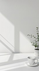 Minimalist business background featuring a white desk and sparse decor.