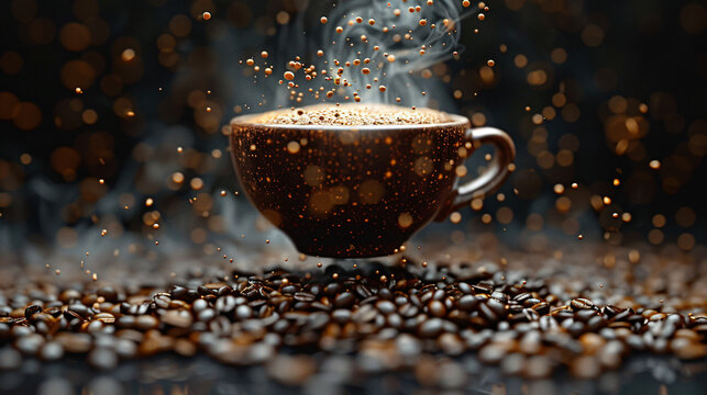 A wisp of steam curls upwards from a steaming cup of coffee, coffee beans suspended around it, on a jet black background.