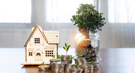 Stack coin and tree with growing and home put on the money in the jar bank for family put.