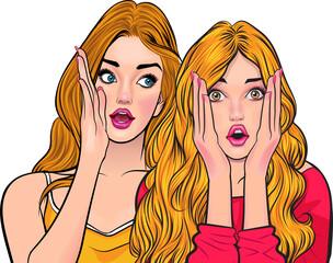 Woman whispering gossip or secret to her friend pop art comics style