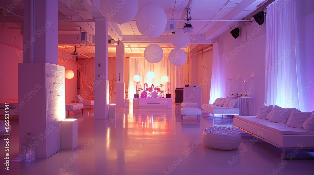 Wall mural a large room with white walls and white furniture. the room is lit up with purple lights and has a v