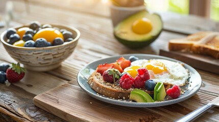 Food for health lovers, fried eggs, berries, avocados