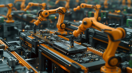 Factory Overview: Show an aerial view of the entire electronics factory, with robot arms working diligently at each stage of the  assembly line. 