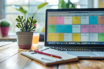 A close-up of a digital calendar on a laptop screen, showing a detailed weekly schedule. Time blocks are color-coded for different tasks, emphasizing the importance of visual organization in time