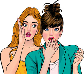 Woman whispering gossip or secret to her friend pop art comics style