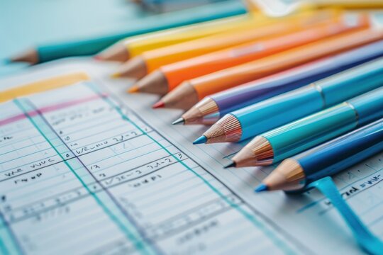 A close-up of a planner open to a monthly view, with important dates and deadlines highlighted. Different colored pens are used to indicate various tasks, demonstrating a systematic approach to time