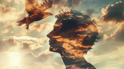 Man's Profile Merges with Eagle in Flight, Soaring Ambition
