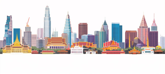 Thailand, Bangkok city skyline with sleek silhouettes on white background