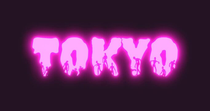 Tokyo city name and zombie silhouettes on them. Halloween theme. Neon illumination